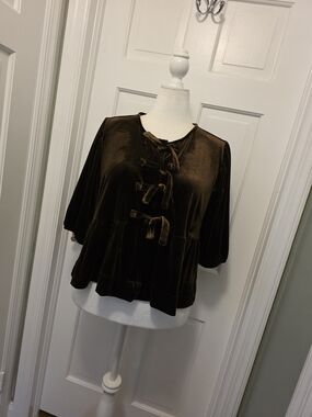 Velvet Heart Brown Velvet Tie & Snap Front Peplum Tunic Size Large, Cropped